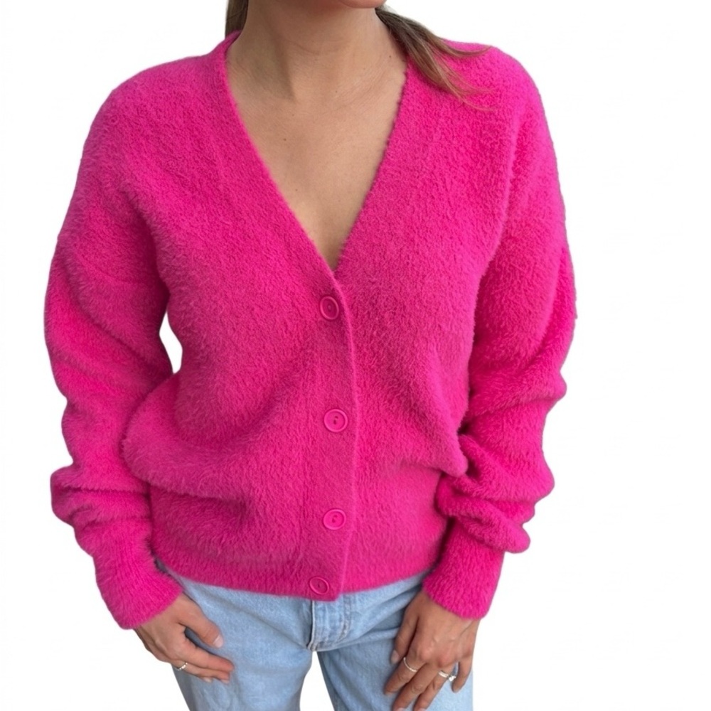 Women's V-Neck Button Front Fuzzy Cardigan Sweater - Hot Pink